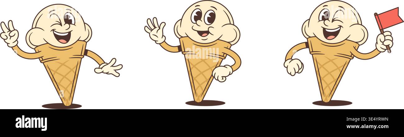 Set mit Retro-Zeichentrickfiguren aus Eis. Maskottchen zeigt Friedenszeichen, winkt Hand, hält Flagge. Freundliche Vektorillustration für Aufkleber, Emoji oder Marke Stock Vektor