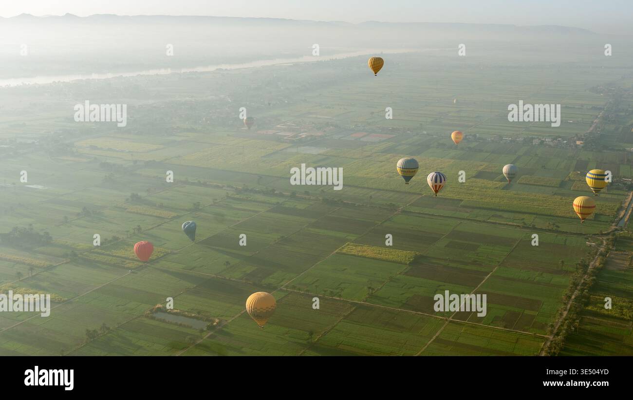 Farbenfrohe Heißluftballons, die bei Tagesanbruch über üppige grüne Felder und den Nil schweben, in Luxor, Ägypten Stockfoto