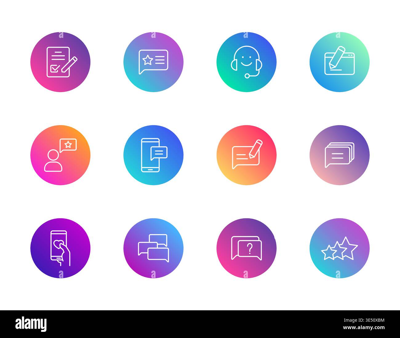 Symbole für digitales Feedback eingestellt. Verlaufsrunder Vektorpiktogramme für Überprüfungen, Bewertungen, Umfragen und Kommunikation. Stock Vektor