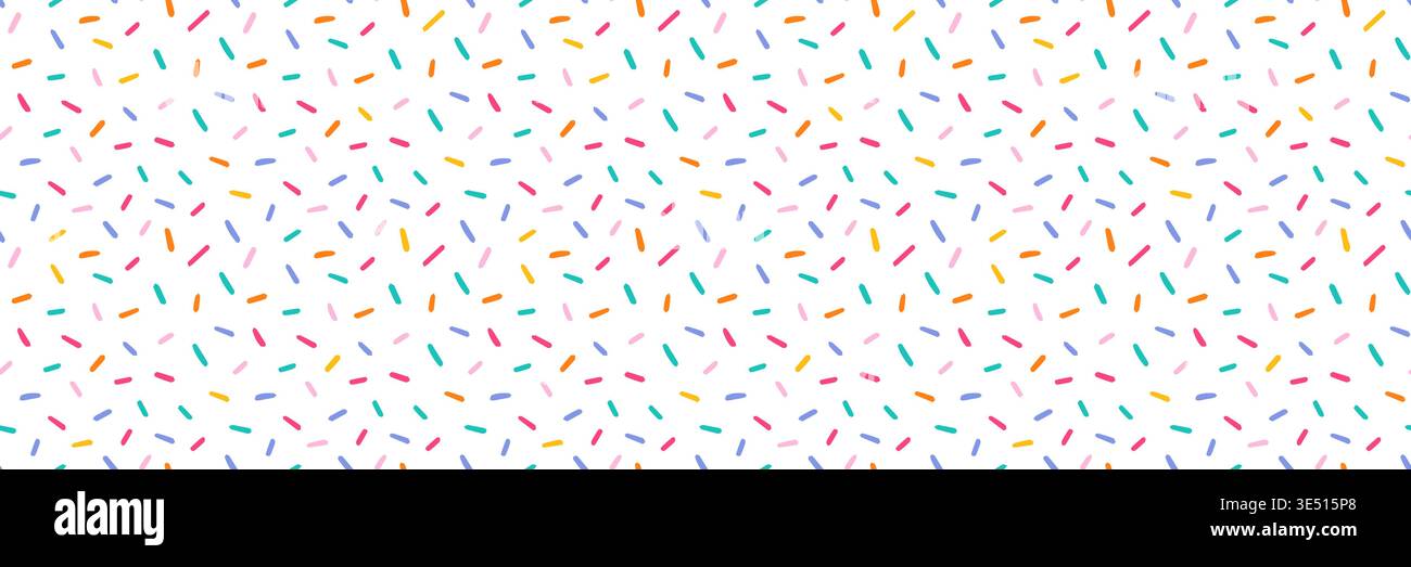 Nahtloses süßes Muster mit bunten handgezeichneten Streuseln und Konfetti. Süße Pastell-Textur inspiriert von Donuts, Cupcakes und Süßigkeiten. Kindlicher abstrakter Hintergrund für Geburtstag, Kinderparty, Stoff, Druck Stock Vektor