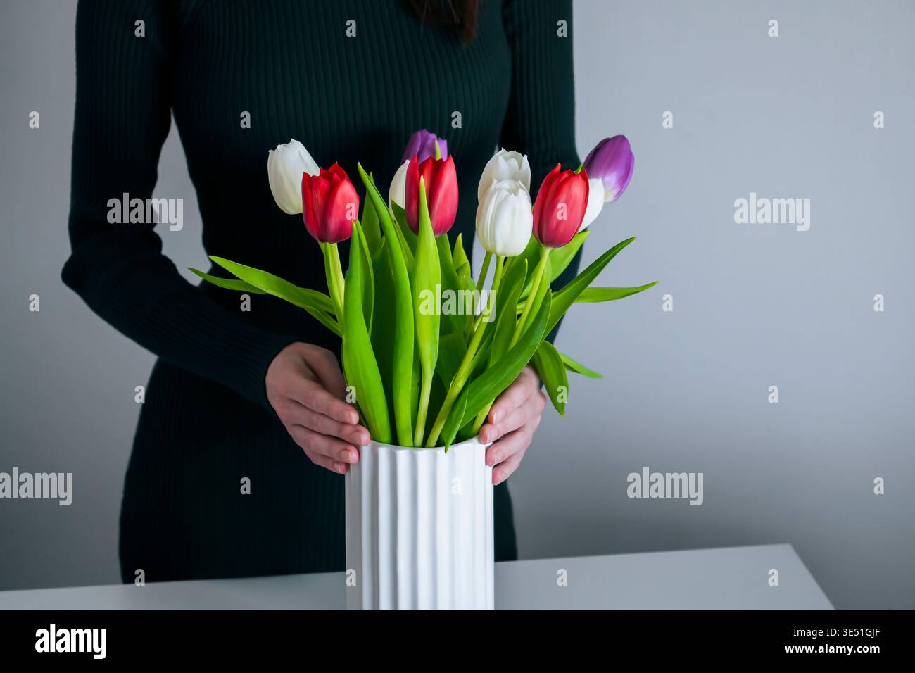 Frau in einem eleganten Kleid, die einen frischen, bunten Tulpenstrauß in einer weißen Vase arrangiert, um eine komfortable Umgebung zu schaffen Stockfoto