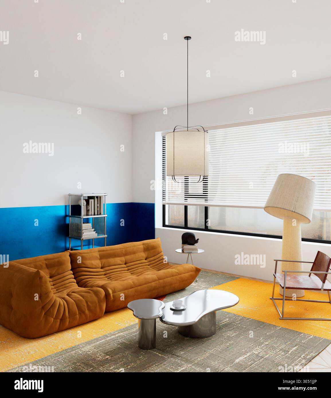 Modernes, modernes Wohnzimmer mit weitem Winkel, das die Ästhetik des bauhauses mit Farbblockierung, geometrischer Balance und minimalem Layout verbindet. Freier Raum mit Stockfoto