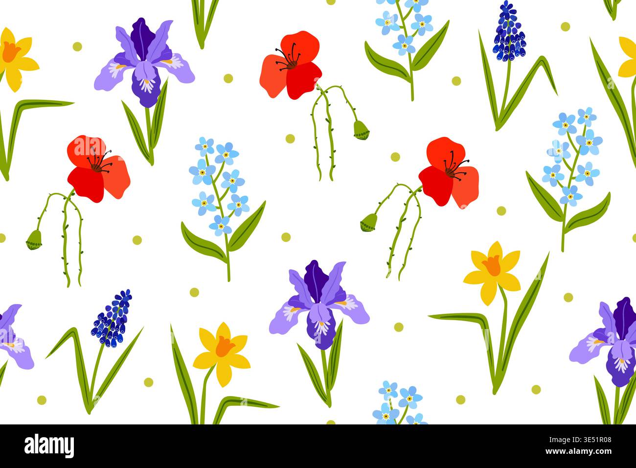 Nahtloses Vektormuster von Frühlingsgartenblumen einschließlich Mohn, Iris, Narzissen, Vergissmeinnots und Muscari. Handgezeichnete Blumenabbildung auf A Stock Vektor