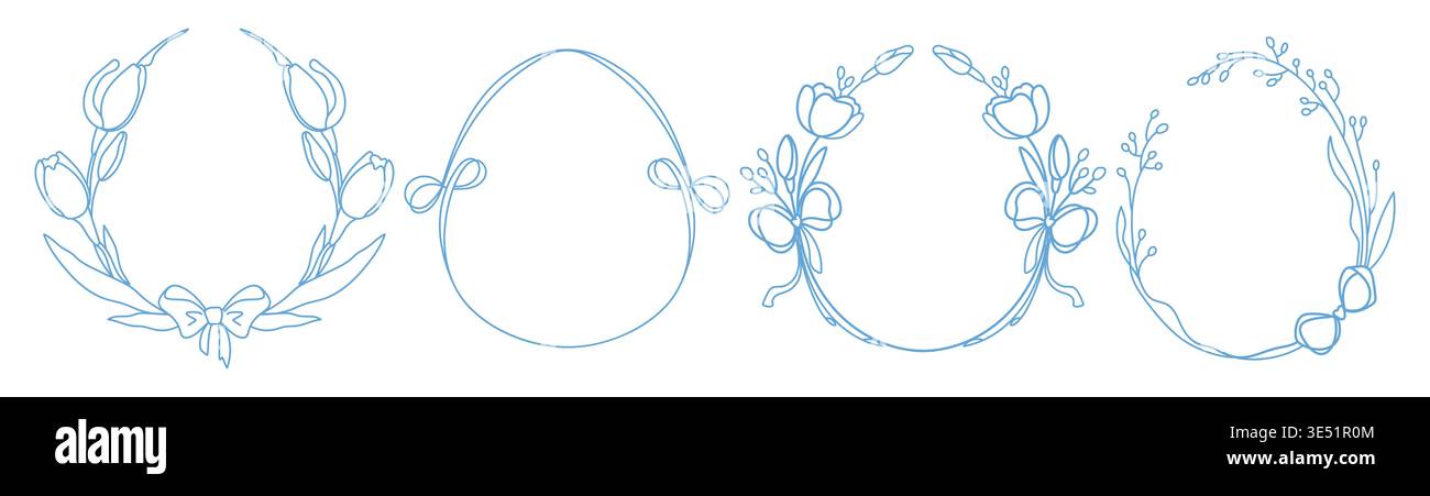 Skurrile Ostereier-Rahmen mit zartem Blumenmuster und Schleife. Vektor-Illustrationen Set von handgezeichneten Frühlingsborten mit Vintage-ornamentalem Design, pastellblauen Girly Coquette Prints Stock Vektor