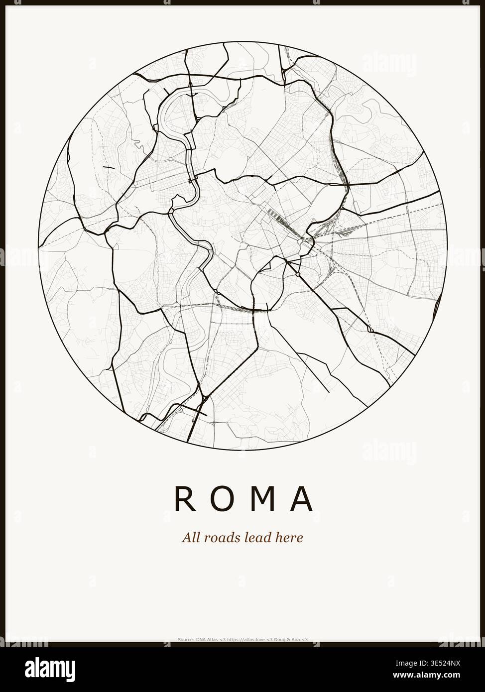 Poster mit Stadtplan von Rom. Straßenkarte Kunst von Rom Italien. Schwarz-weiß minimalistisches Straßennetz mit Downtown District für Wandkunst Wohnkultur Stock Vektor