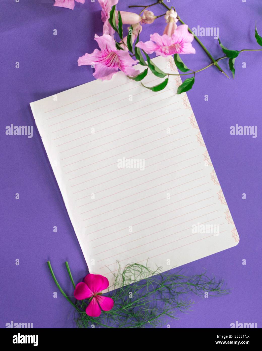 Elegante Blumenkarte auf lila Hintergrund – Muttertagsgrußschablone mit rosa Blumen Stockfoto
