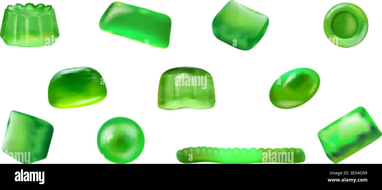 Grüne Gelee-Bonbons. Realistische Gummibonbons, saure Frucht Kaugummi süße Marmelade Zucker Dessert Snack gemischte Form Gummigeschmack Vitamine Gelatinebuckets Set 3D exakte Vektor Illustration Original Kunstwerk Stock Vektor