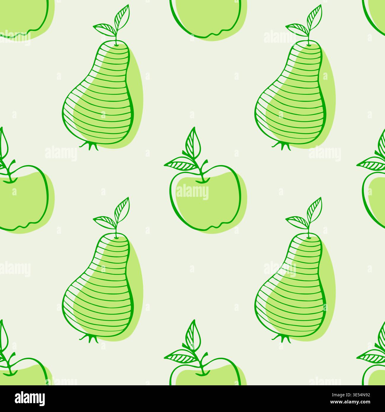 Muster mit handgezeichneten minimalistischen Äpfeln und Birnen im grünen Stil auf hellem Hintergrund. Frische Fruchtstruktur für Verpackungen von Bio-Lebensmitteln, Küchentextilien und Kinderzimmer. Vektorabbildung Stock Vektor
