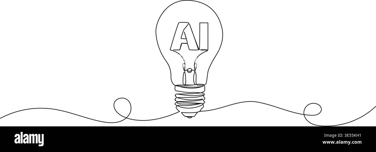 Durchgehende Linienzeichnung der Glühbirne mit den Buchstaben AI innen, künstliche Intelligenz und kreative Technologie Linie Kunst Vektor Illustration Stock Vektor