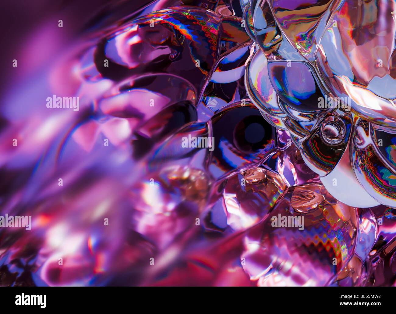 3D-Rendering eines abstrakten Flüssigglas-Clusters, bestehend aus glatten, miteinander verbundenen Blasen mit stark reflektierenden und irisierenden Oberflächen. Stockfoto