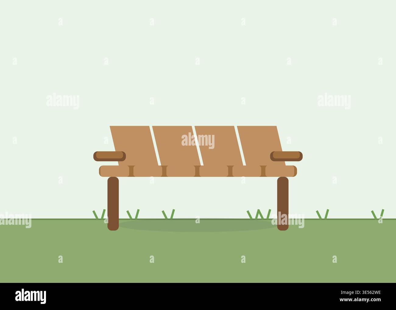 Minimalistisches flaches Design Illustration einer leerstehenden Holzbank in friedlicher Parklandschaft, ruhige Natur. Stock Vektor