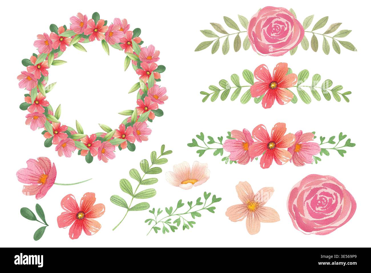 Blumenset in Aquarellfarben mit Girlanden und Kränzen. Handgezeichnete botanische Illustration. Das Arrangement aus roten Blumen und grünen Pflanzen ist perfekt für Einladungen Stockfoto