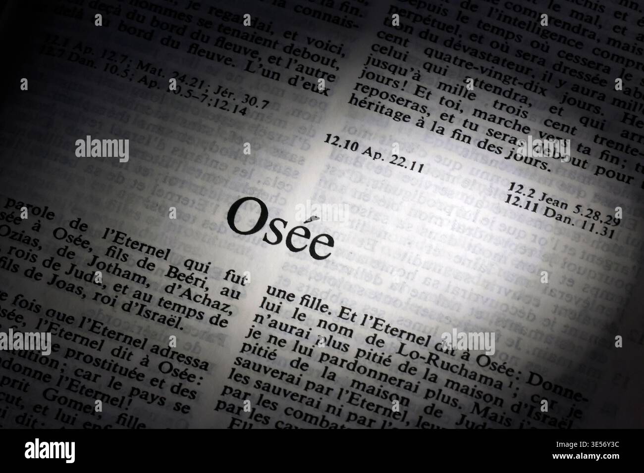 Schwarz-weiß-Nahaufnahme des Buches Hosea in einem französischen Bibeltext. Stockfoto