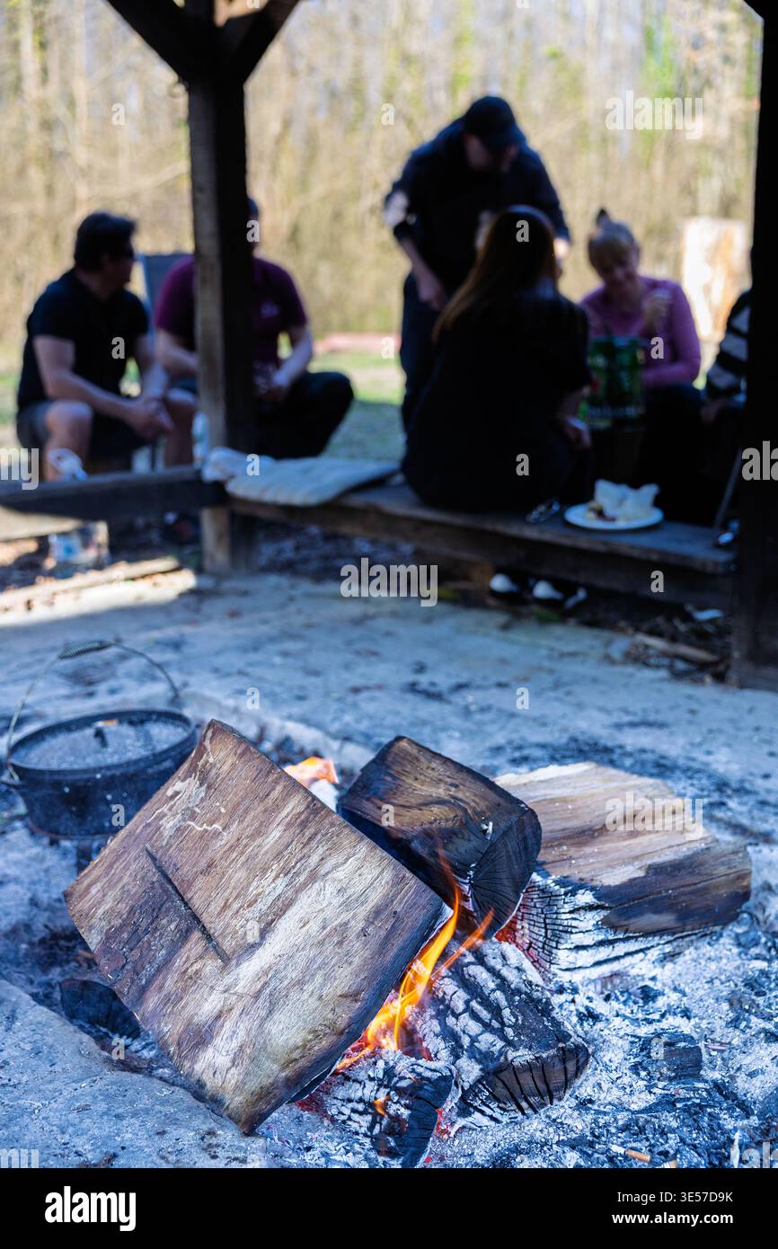 Eine Gruppe von Freunden entspannen sich unter einem rustikalen Pavillon am glühenden Lagerfeuer und teilen Gespräche, Essen und Wärme, während geröstete Baumstämme brennen und Glut g Stockfoto