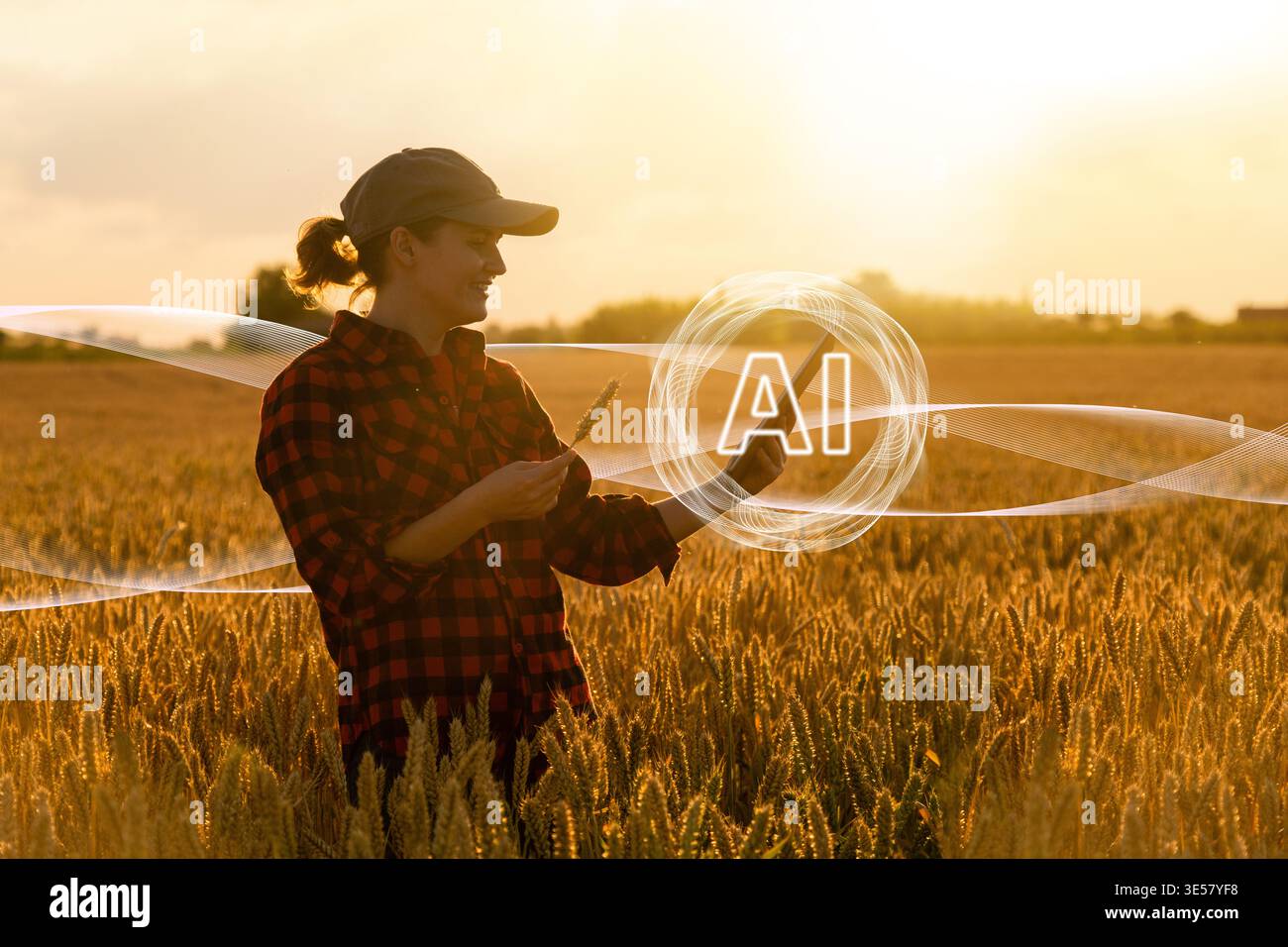 Farmer verwendet künstliche Intellingenz für die Datenanalyse. Smart-Farming-Konzept Stockfoto