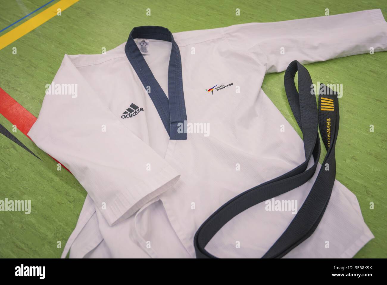 Weißer Taekwondo-Anzug mit schwarzen Details auf grünem Grund, Taekwondo, Calw, Deutschland Stockfoto
