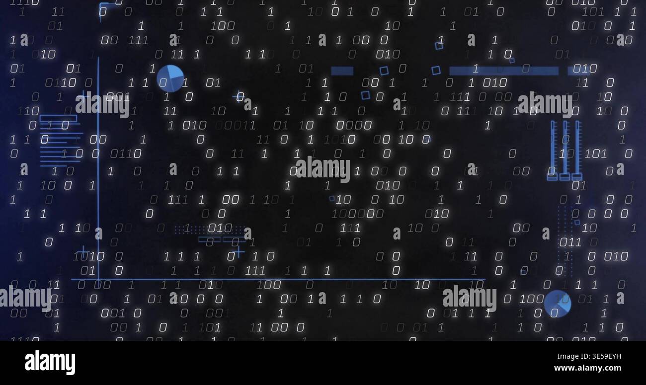 Streamen von Binärziffern 1s 0s mit Neonführungslinien und kreisförmigen Markierungen im abstrakten digitalen Feld Stockfoto