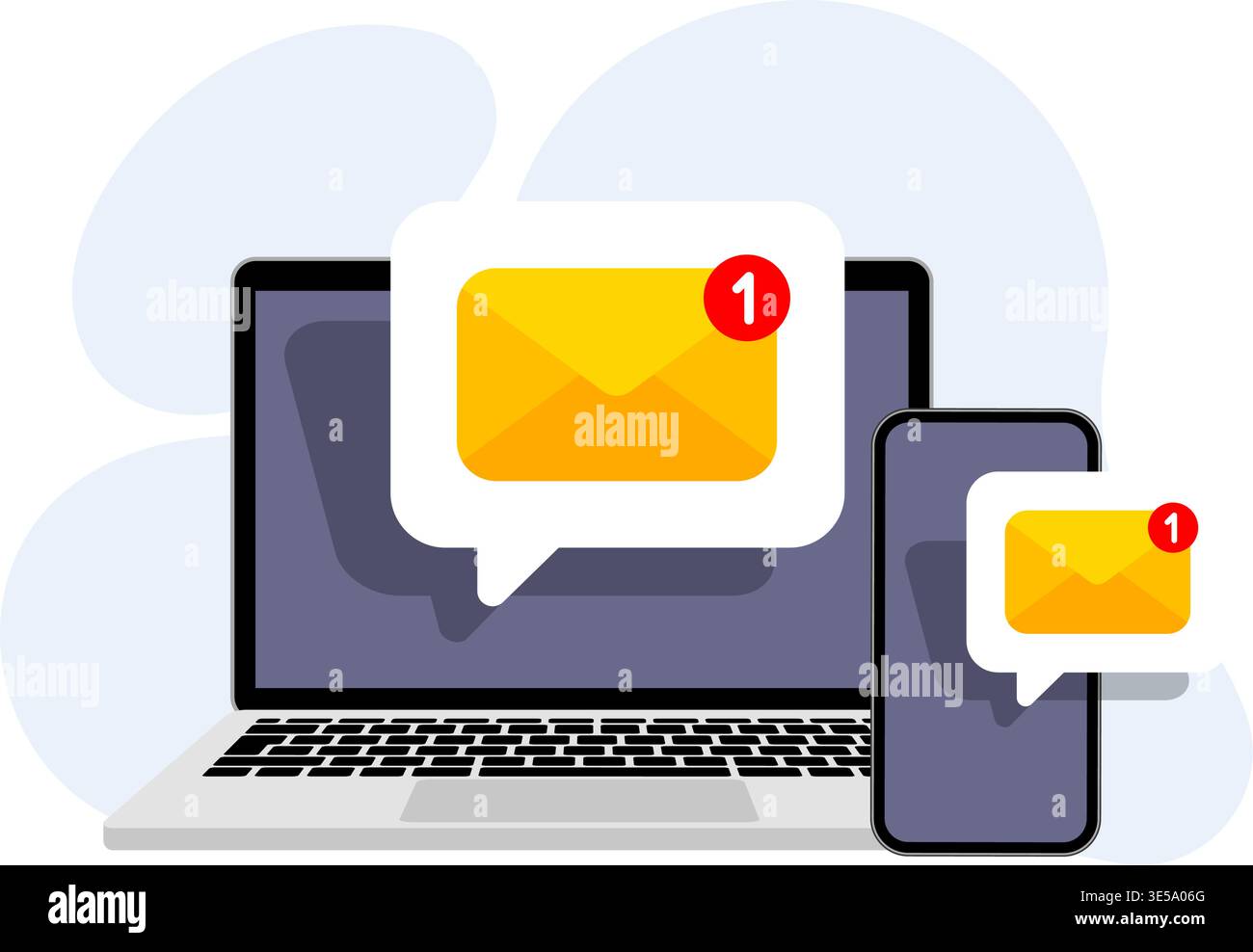 Flache Vektorgrafik eines Laptops und Mobiltelefons mit ungelesenen Nachrichten-Alerts mit gelben Umschlagsymbolen. Abbildung: Stock Vektor