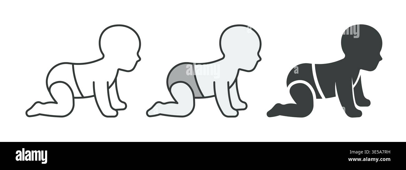 Krabbelndes Baby-Symbol in konturierten und gefüllten Vektorstilen. Darstellung von Säuglingsalter, kindlicher Entwicklung und frühkindlichem Stadium. Stock Vektor