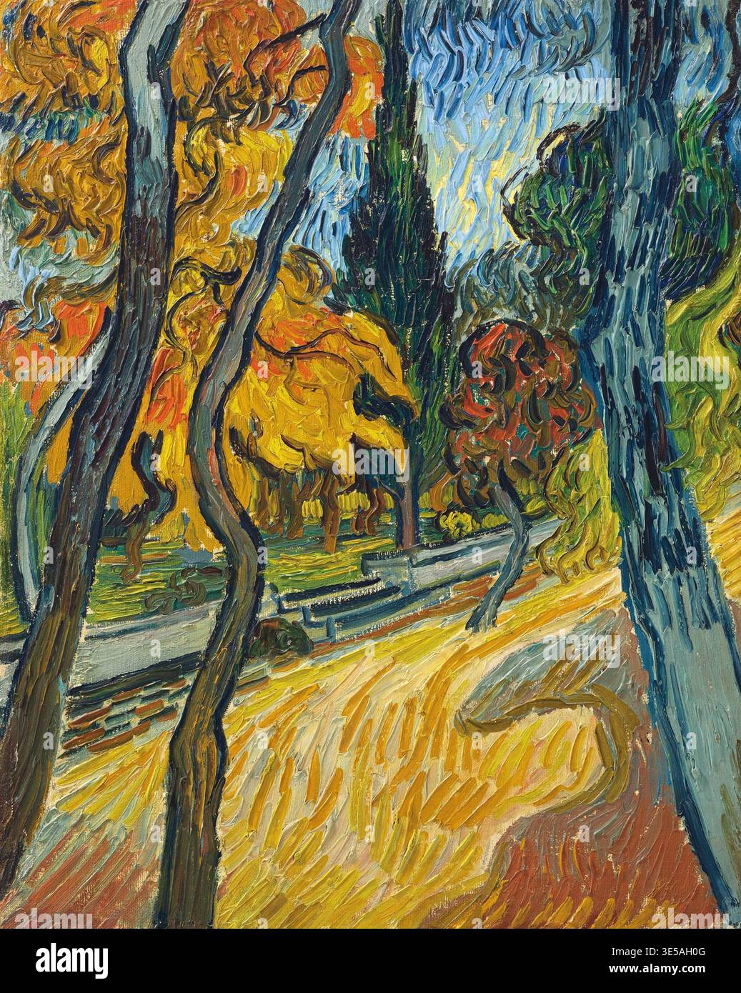 Arbres dans le jardin de lasile 1889, Trees in the Asylgarden 1889, Bäume im Garten der Anstalt, Gemälde von Vincent Willem van Gogh geb. 30. März Stockfoto