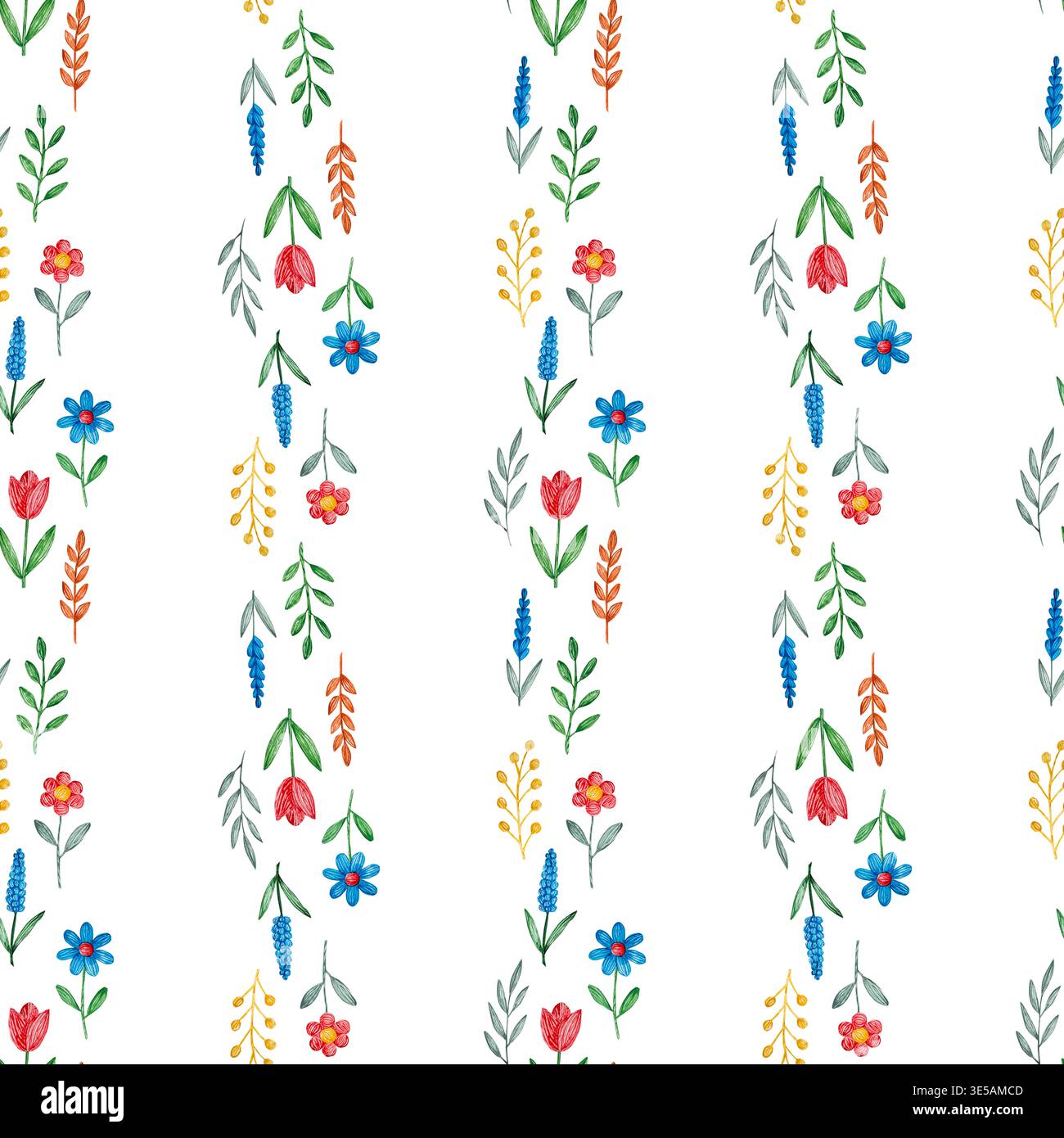 Nahtloses Blumenmuster mit handgezeichneten bunten Blumen und Blättern in vertikalen Streifen angeordnet, isoliert auf weißem Hintergrund. Stockfoto