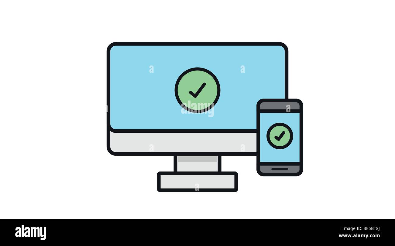 Desktop-Computer- und Smartphone-Symbol mit grünem Häkchen in sanften Pastellfarben. Stock Vektor