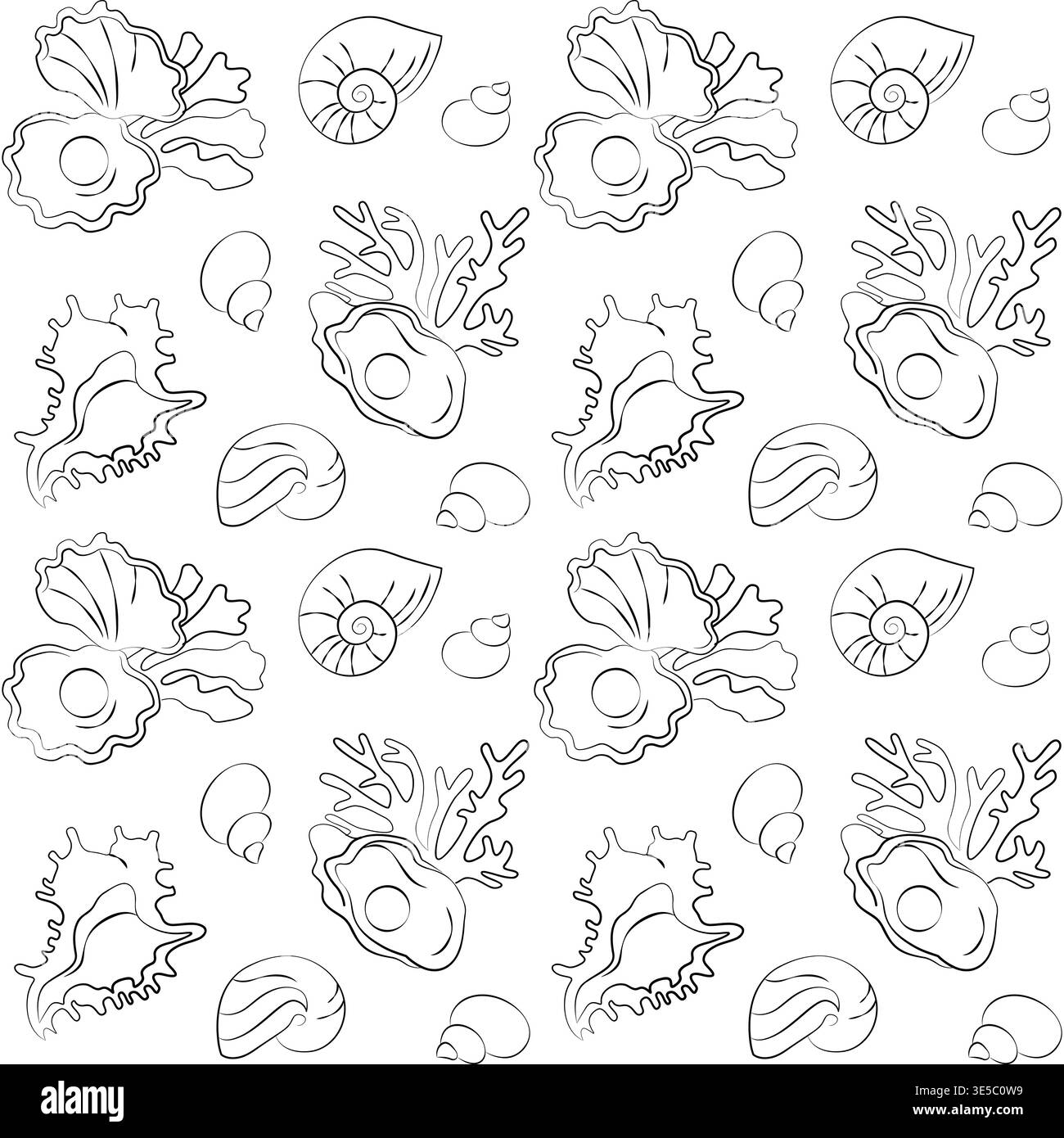 Handgezeichnetes nahtloses Muster, Muscheln, Korallen, Perlenaustern, Unterwasserwelt grafische Illustration für Hochzeitsdekor, Hintergründe Stock Vektor