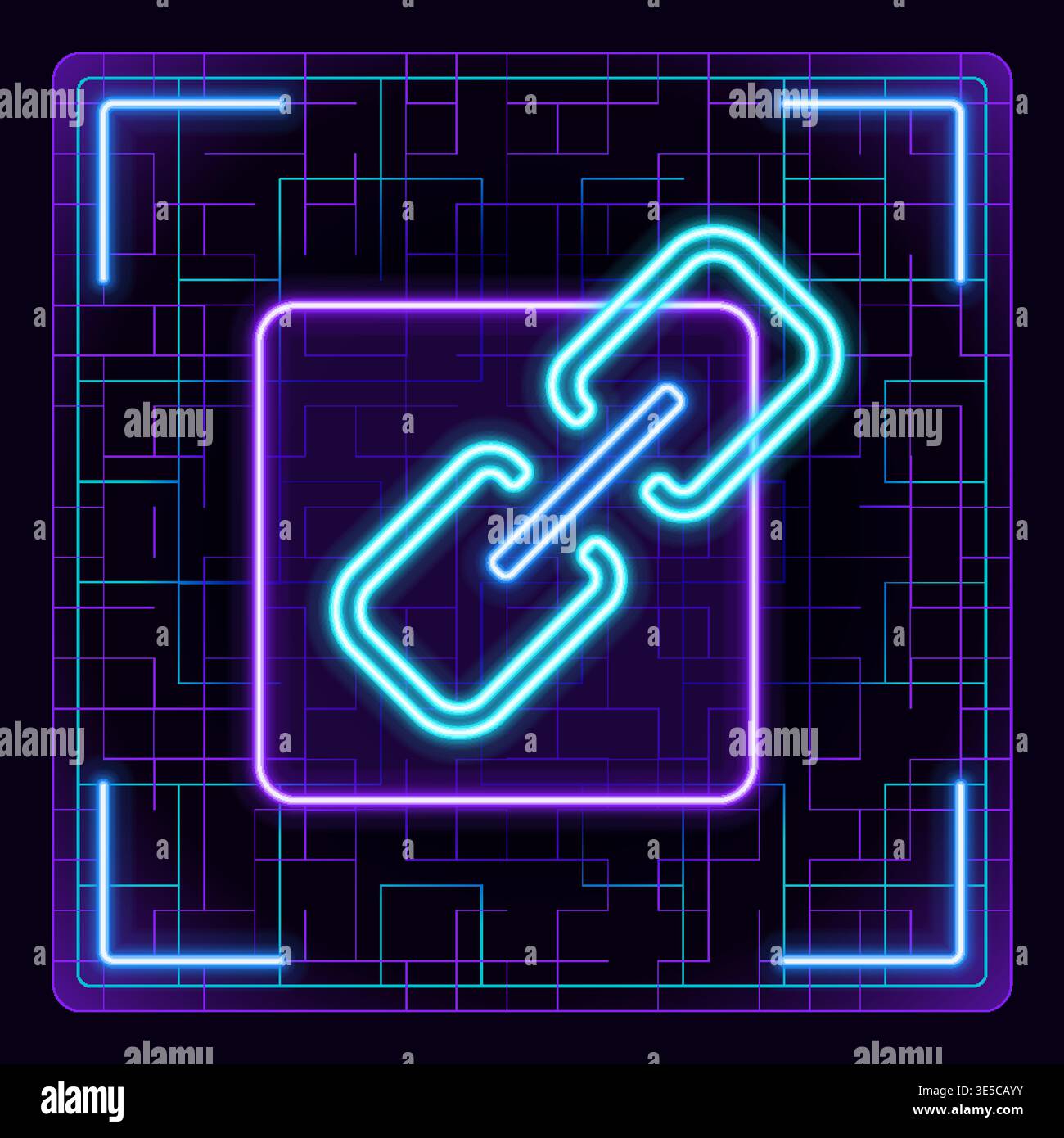 Symbol für Internet-Link-URL oder Anhang. Kettenwebadresse, Internetverknüpfung, externen Link freigeben, Hyperlink-Navigation. Bearbeitbares Symbol in Neonlicht. Stock Vektor