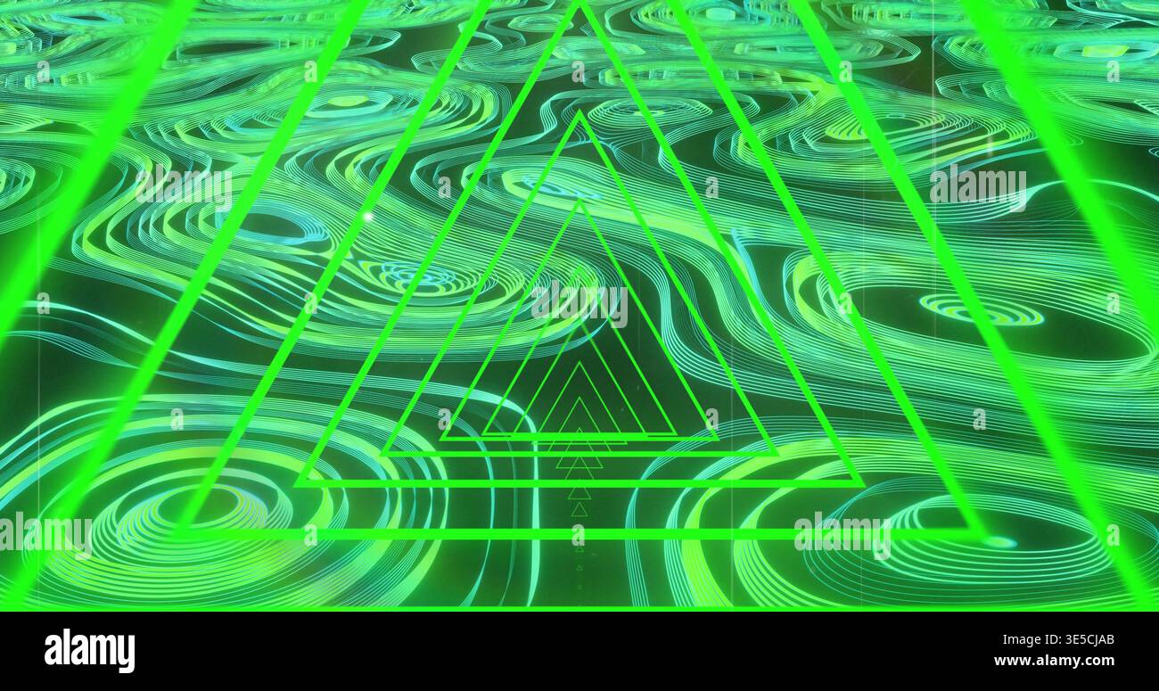Pulsierendes verschachteltes Dreieck-Drahtmodell auf Hologrammebene, das konzentrische Wellen, Raster, Balken und Punkte zeigt Stockfoto