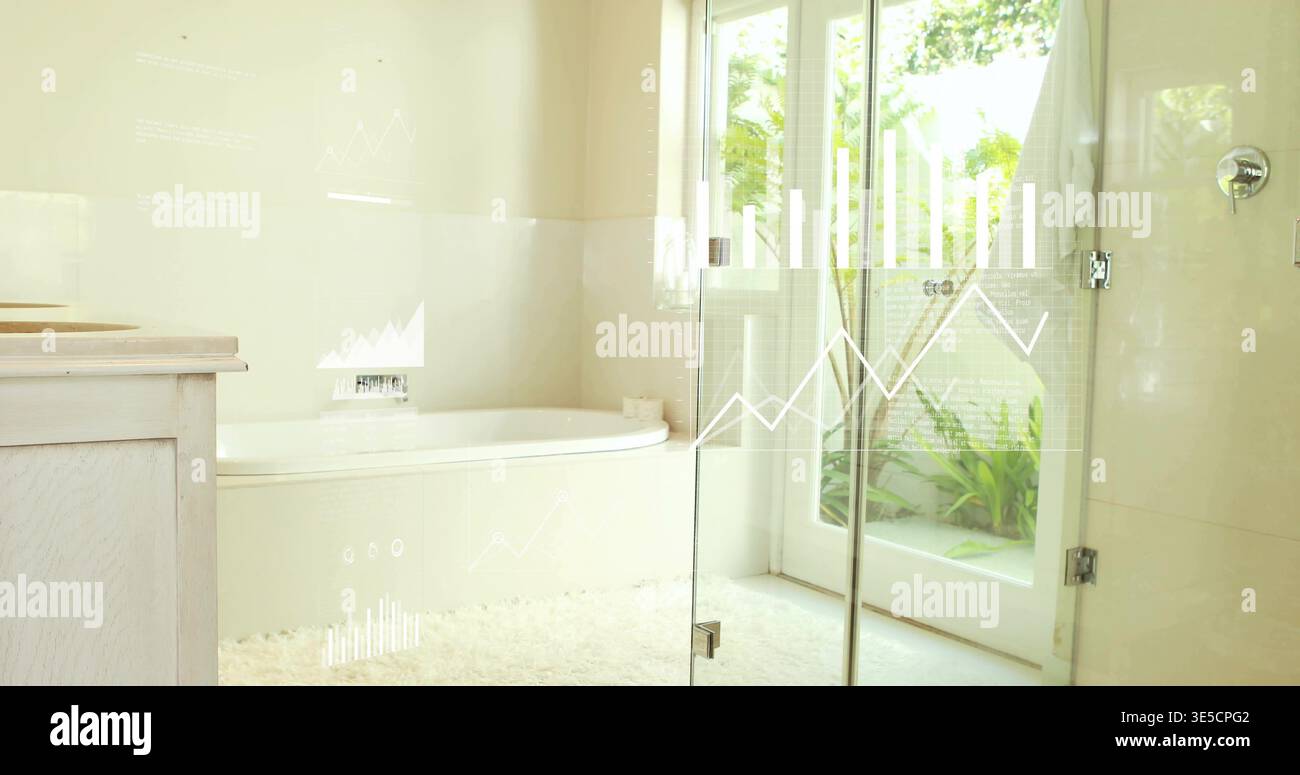 Mit eingebauter weißer Alkovenbadewanne, die natürliches Licht im Badezimmer reflektiert, mit Übertopf Stockfoto