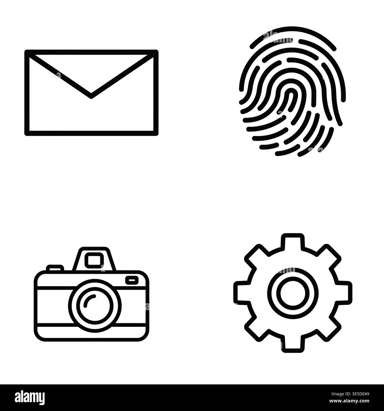 Set mit Leitungs-Symbolen für Essential Digital Interface – E-Mail, Fingerabdruck, Kamera und Gangeinstellungen Stock Vektor