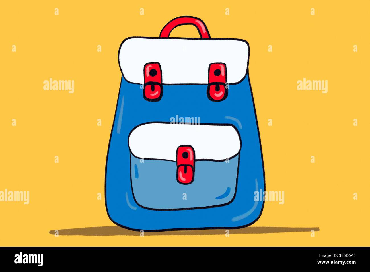 Lebendige Illustration eines blauen Rucksacksymbols mit roten Riemen und weißer Klappe vor einem lebhaften gelben Hintergrund, der die verspielte und farbenfrohe Farbe unterstreicht Stockfoto