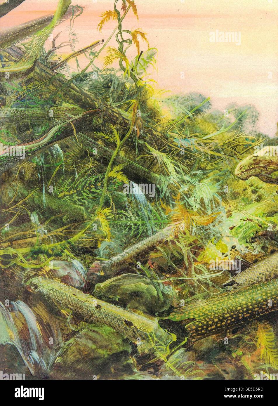 Edaphosaurus pogonias. Detaillierte Abbildung eines dichten, bewachsenen Dschungels mit einem kleinen Wasserfall und umgestürzten Baumstämmen. Ein lebendiges, detailreiches Gemälde fängt die üppige Umgebung des Dschungels mit verworrenen Weinstöcken, moosigen Felsen und einem sanften Bach, der über Baumstämme fließt, ein. Stockfoto