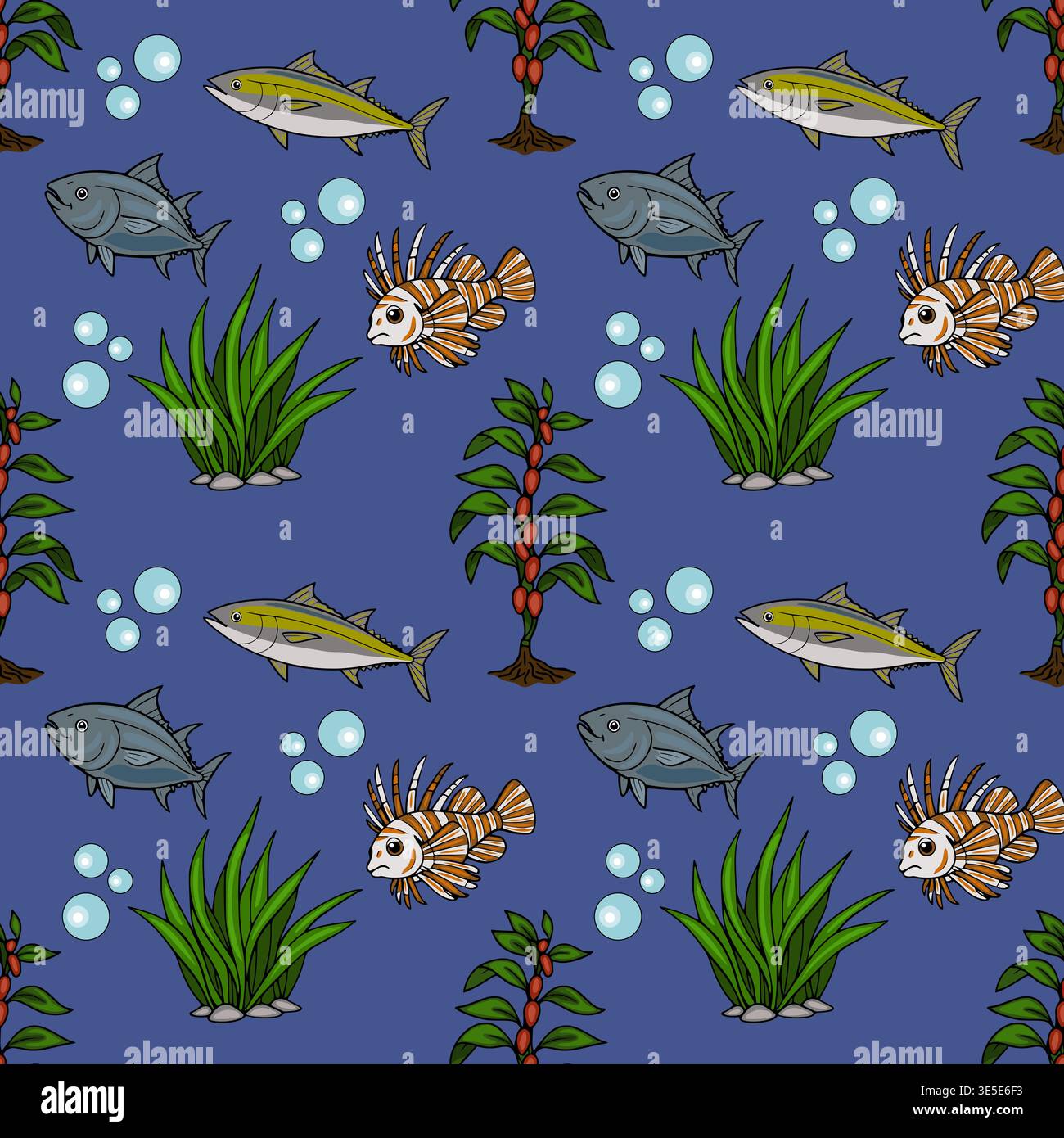 Nahtloses Vektormuster verschiedener Fische und Wasserpflanzen in einem tiefblauen Ozean, perfekt für Oberflächendesign. Stock Vektor