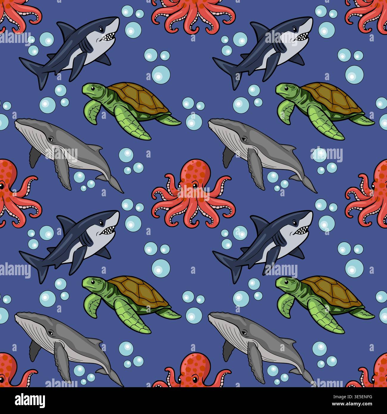 Verspieltes Vektor-nahtloses Muster von Karikaturen Meeresbewohner, Haie, Wale, Schildkröten und Kraken mit Blasen, tiefblauem Hintergrund Stock Vektor
