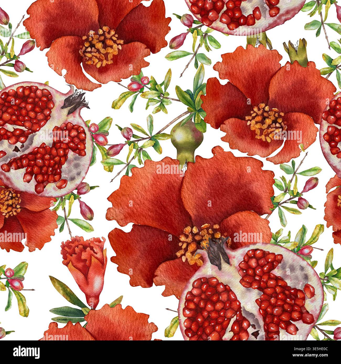 Nahtloses Aquarellmuster mit offenen Granatäpfeln, Blumen, grünen Blättern und roten Saftspritzern. Illustration für Kosmetik, Küchentextilien, Packag Stockfoto