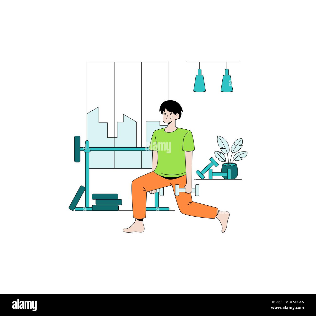 Vektor-Illustration einer Person, die zu Hause einen Kurzhantel-Ausfallschritt durchführt. Die Szene umfasst Trainingsgeräte und einen entspannten Ausdruck, der eine Fitness-Routine zu Hause unterstreicht. Stock Vektor