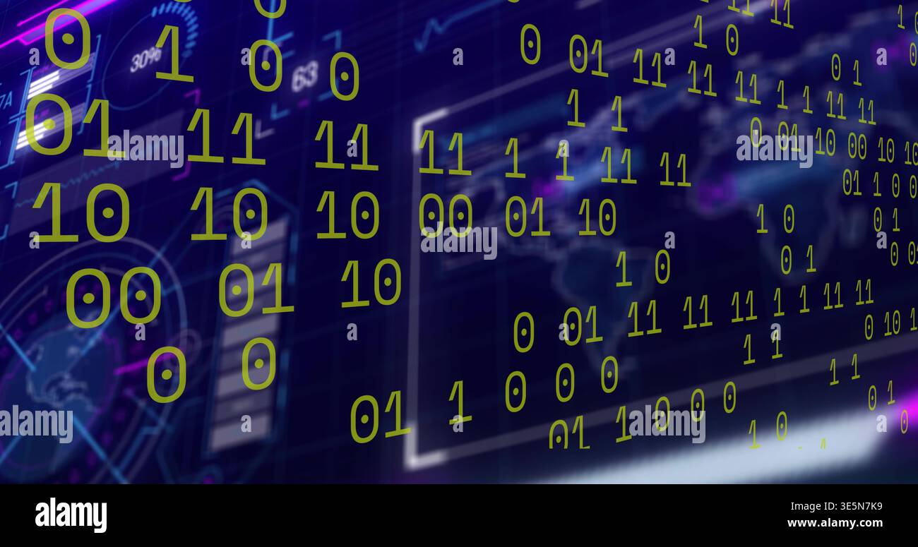Streamen von grünen binären Ziffern 0 s und 1 s, die über die Kommandozentrale fließen, mit Neonanzeigen Stockfoto