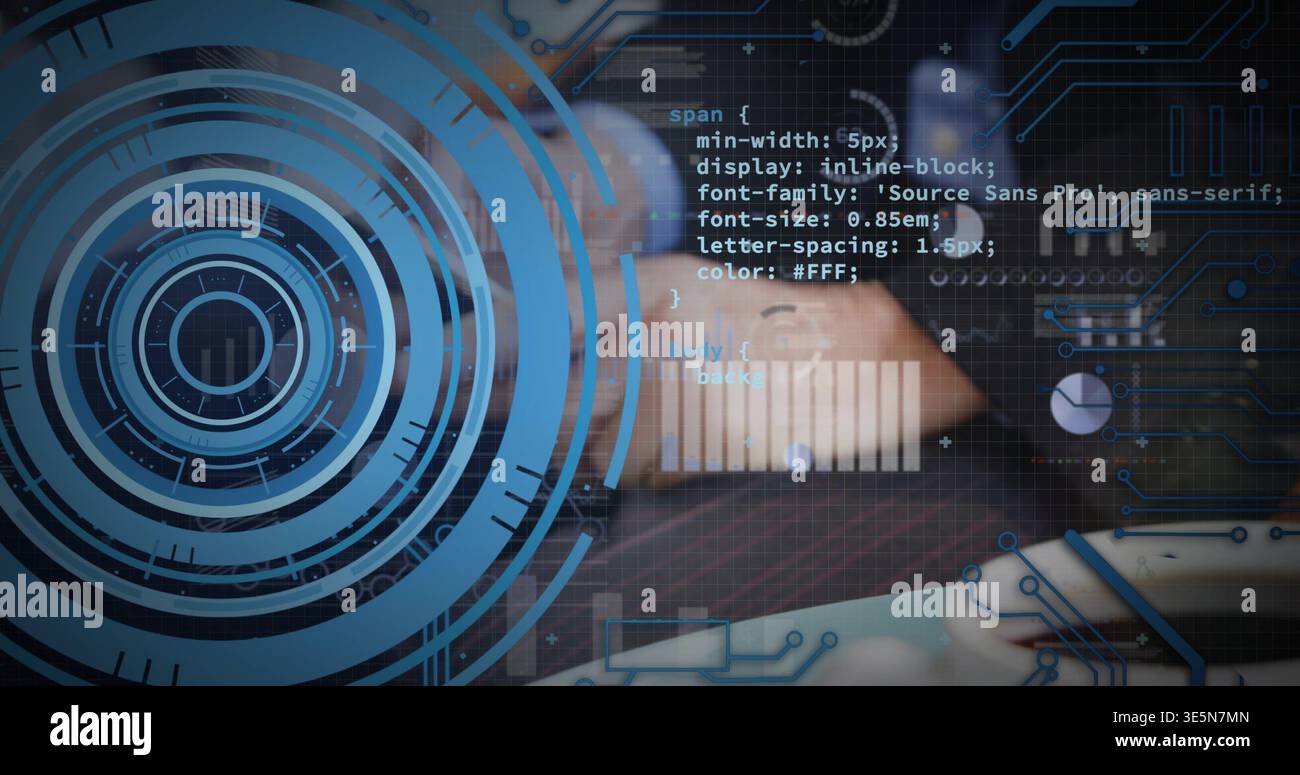 Eingabe männlicher Hände in dunkler Jacke mit Laptop-Tastatur und Touchpad am Schreibtisch mit HUD-Overlays Stockfoto