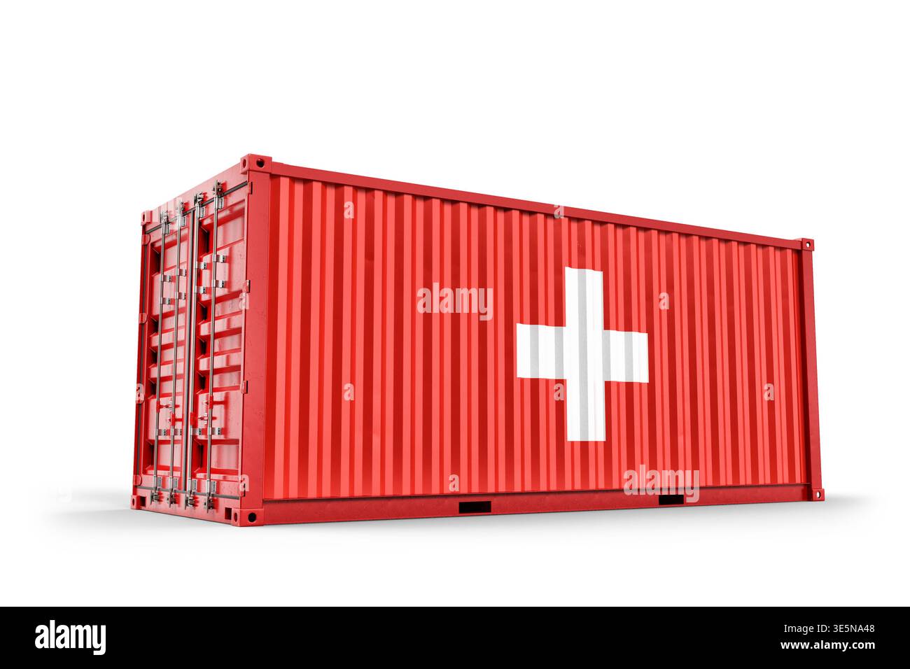 Versandbehälter mit der Schweizer Flagge, die den Import und Export des Landes symbolisiert. 3D-Rendering Stockfoto