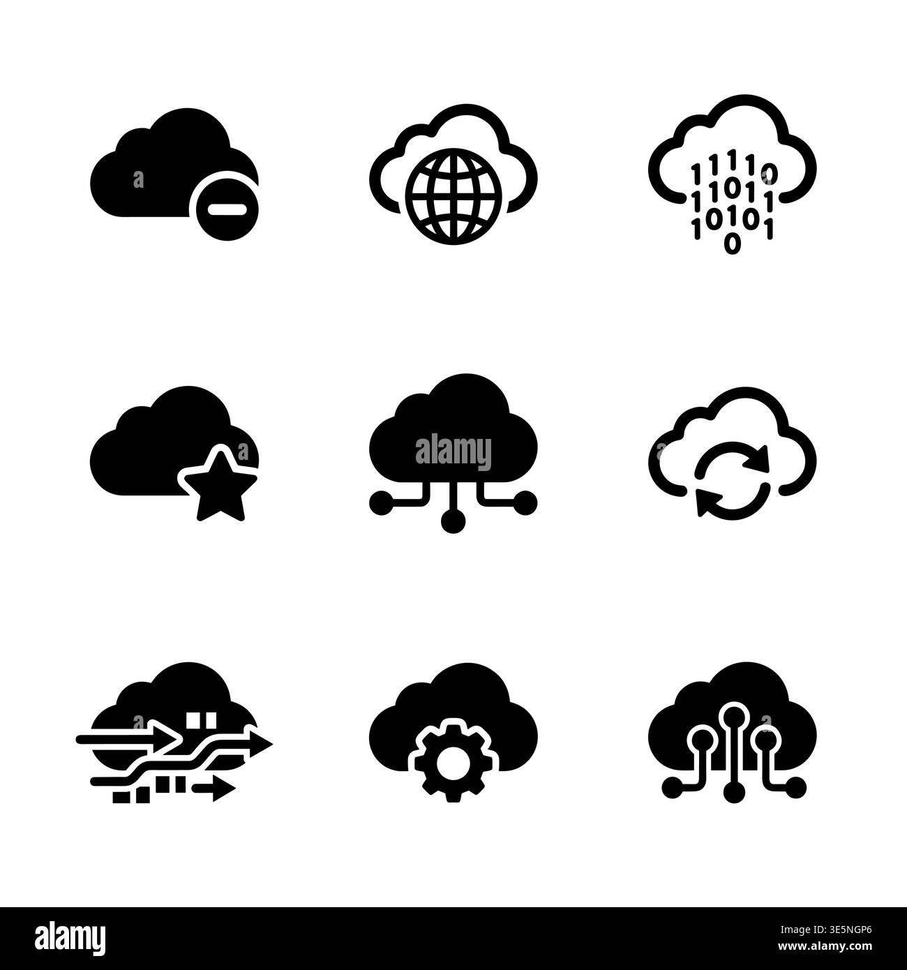 Satz von schwarzen Cloud Computing-Vektorsymbolen auf weißem Hintergrund Stock Vektor