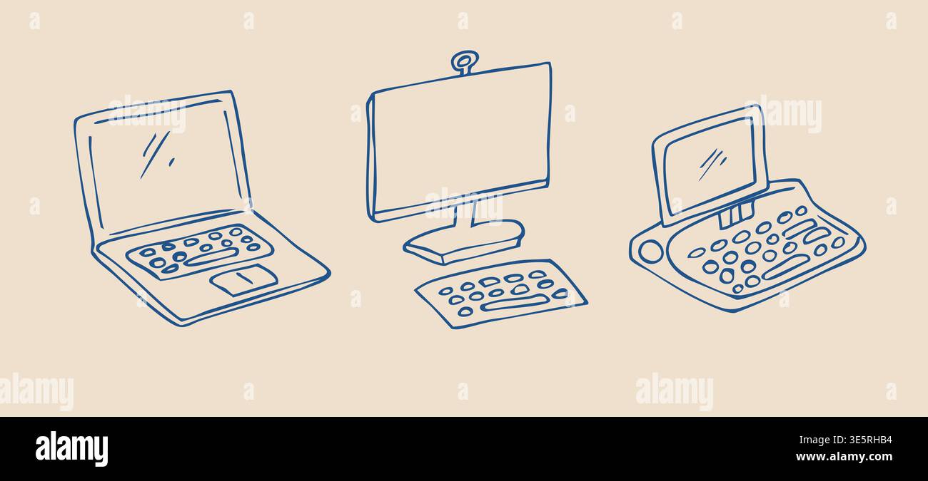Doodle-Geräteset mit Laptop-Tablet und handgezeichneter Technologie-Symbolen auf der Tastatur Stock Vektor
