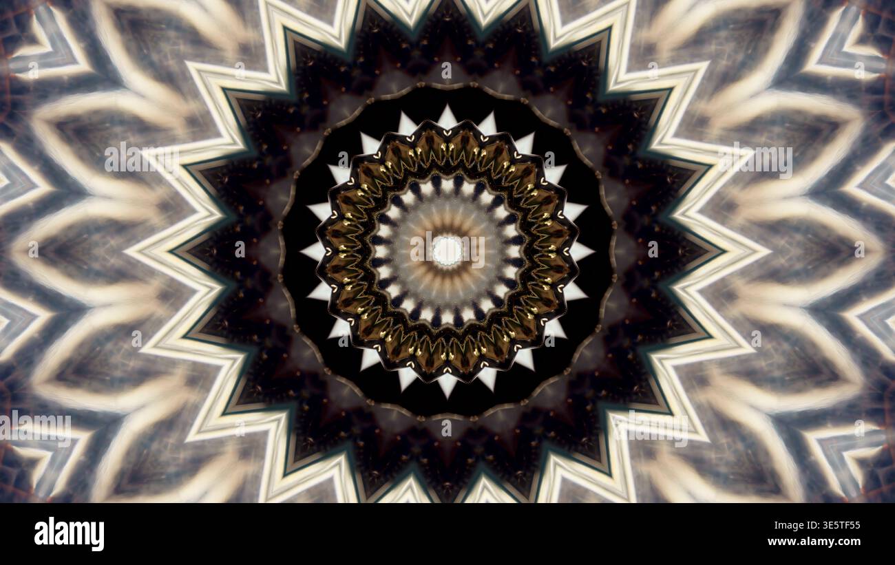 Abstraktes goldenes Mandala mit symmetrischem geometrischem Kaleidoskopmuster Stockfoto