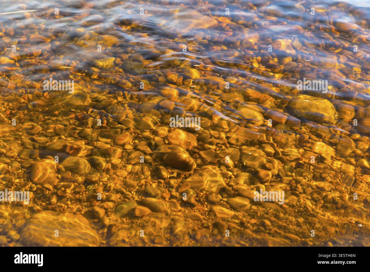 Kleine Steine im Flussbett des Flusses Oesterdalaelven, Aelvdalen, Dalarnas laen, Schweden Stockfoto