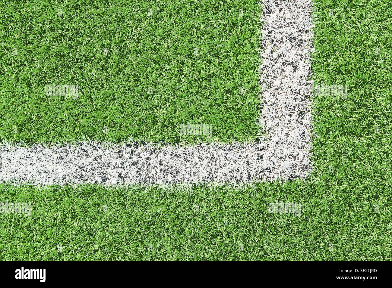 Ein Teil des Fußballfeldes aus der Nähe, künstliches grünes Gras mit weißen Randlinien, Astroturf im Stadion für Sportenspiele Stockfoto
