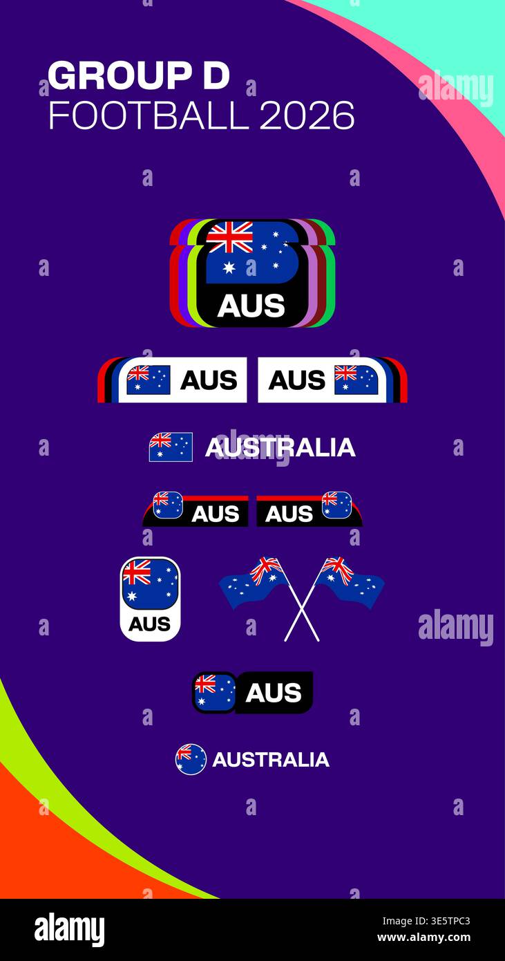Abzeichen und Flaggen der australischen Fußballmannschaft repräsentieren Gruppe D in einem modernen Turnier-Design von 2026 mit lebendigen Grafiken. Fußball 2026 Fahnenvektorset Stock Vektor