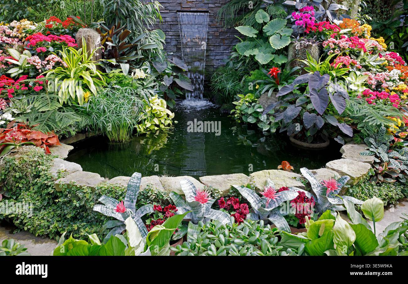 Wasserfall und Teich umgeben von Frühlingsblumen im Showgewächshaus der Butchart Gardens in Brentwood Bay, Vancouver Island, Kanada Stockfoto
