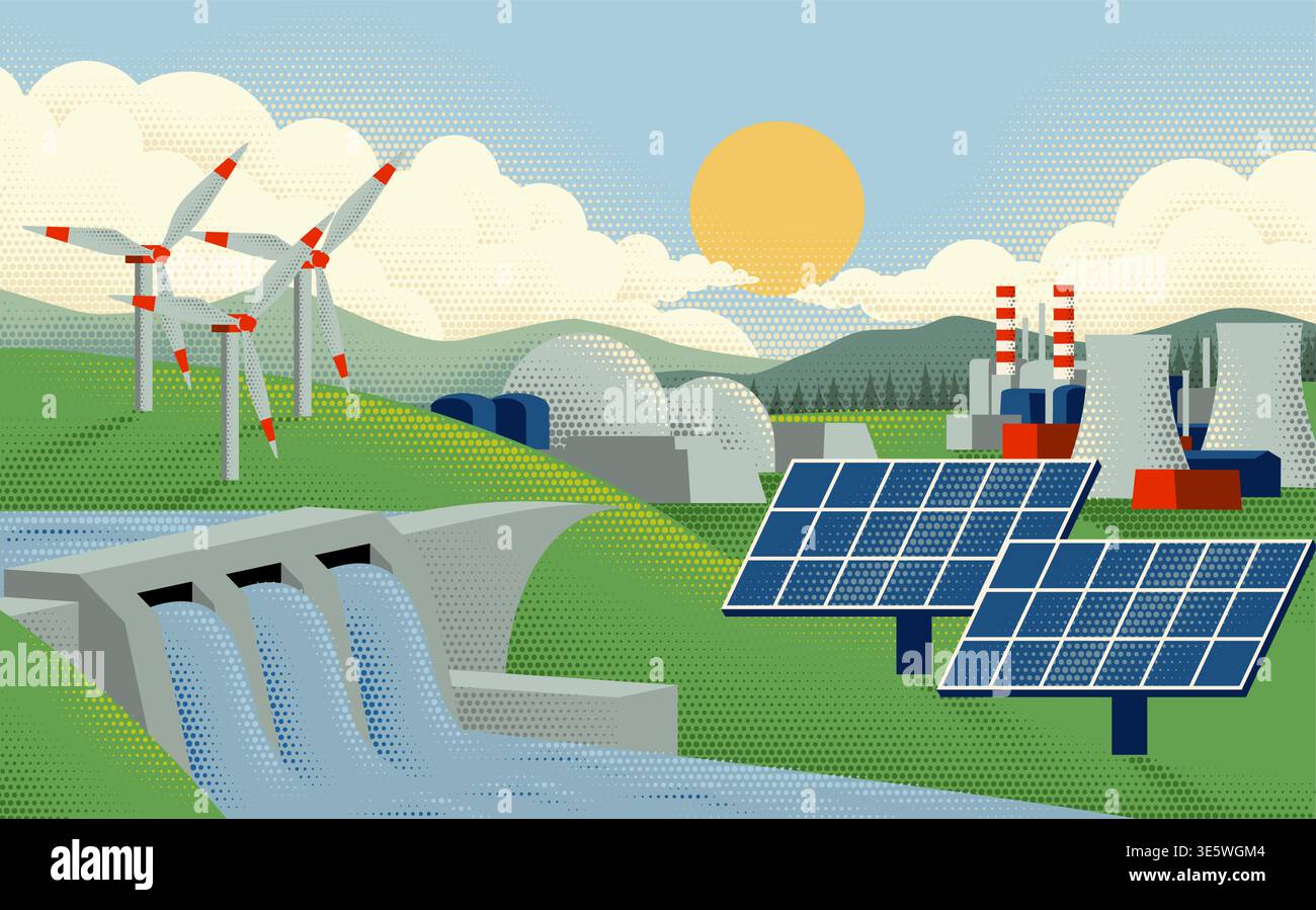 Dam-Kraftwerk Wasserkraft Solar Windenergie Stock Vektor