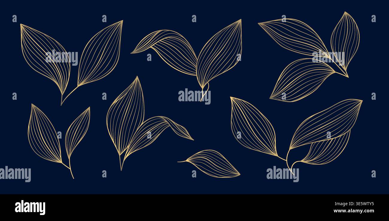 Luxuriöses Gold hinterlässt isoliertes, elegantes Laub auf dunklem Hintergrund. Vektor-Illustration, japanisches Ornament, tropisch und Herbst botanisch Stock Vektor