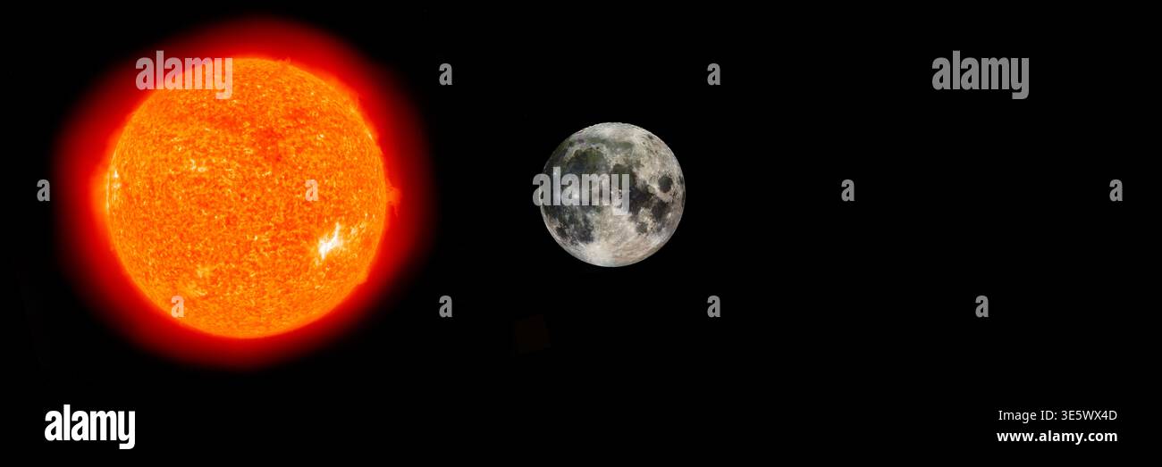 Sonne und Mond isoliert auf schwarzem Hintergrund, Kopfzeilendesign. Elemente dieses Bildes, bereitgestellt von der NASA. Stockfoto